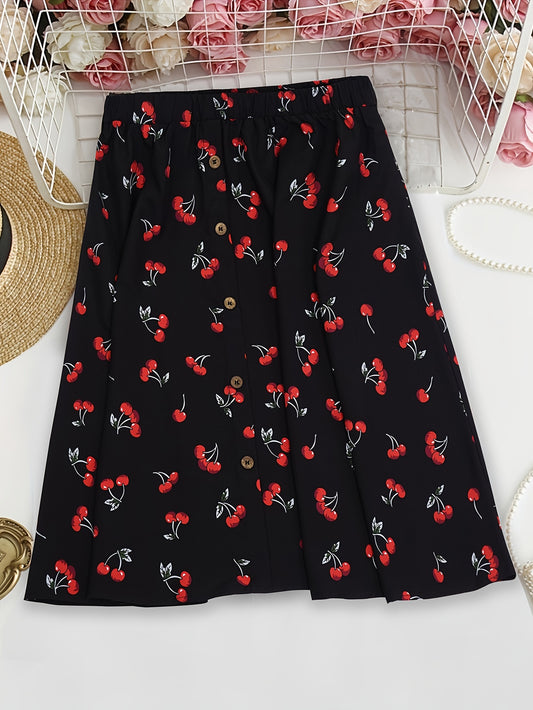  Cherry Print A-line Skirt with Elastic Waist