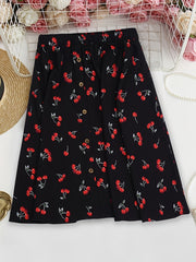  Cherry Print A-line Skirt with Elastic Waist