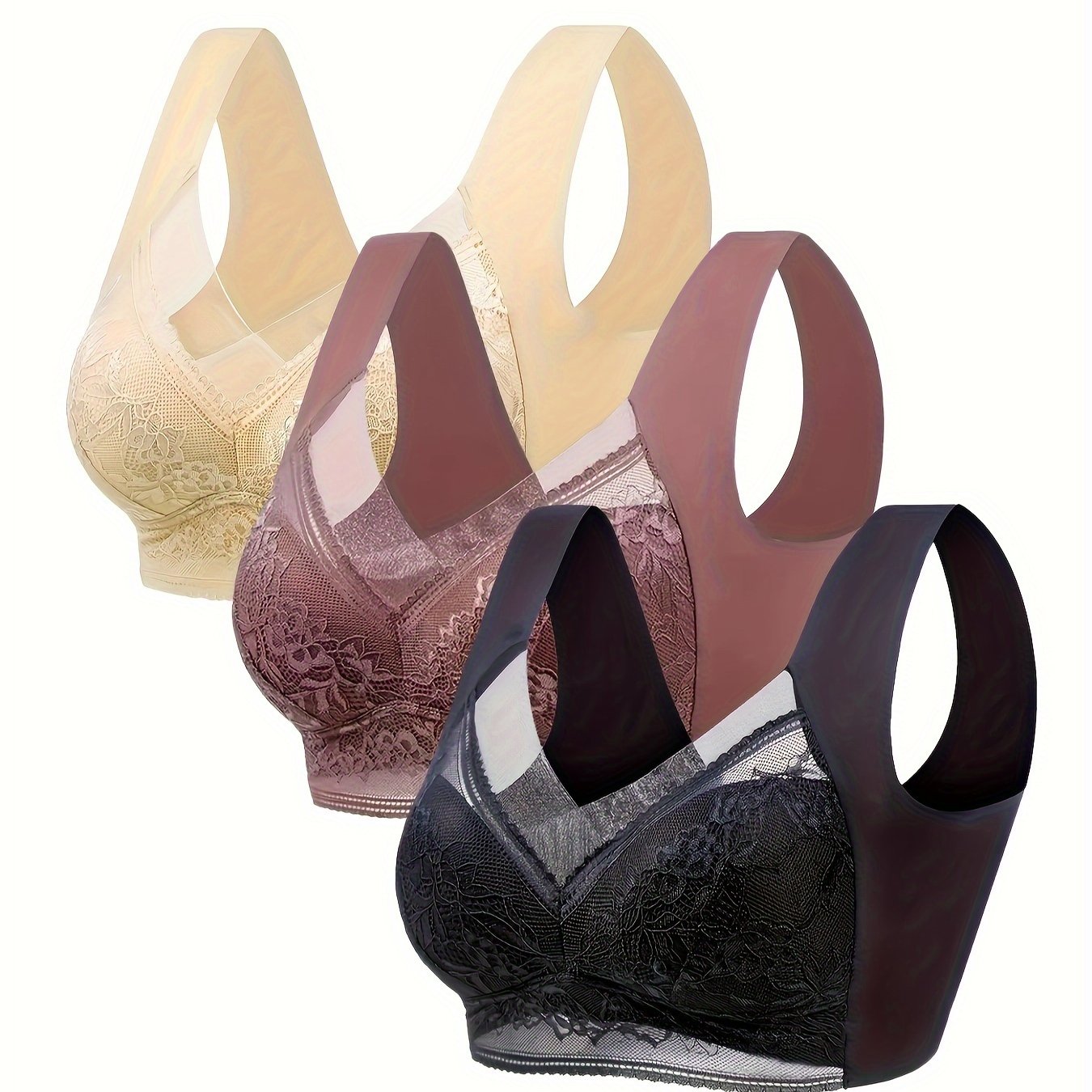 3pcs Full Coverage Lace Wireless Bras Women's Lingerie