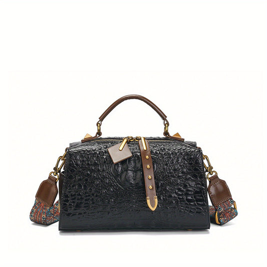 Crocodile Texture Tote Bag with Embroidered Strap for Evening Events