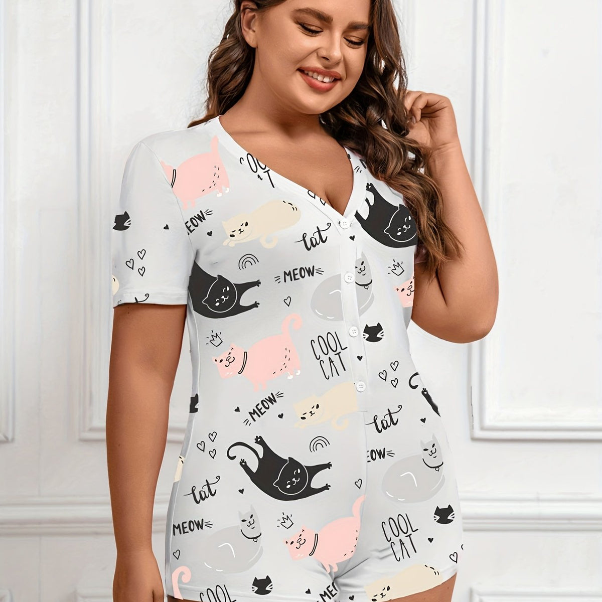  Cat & Letter Print V Neck Romper