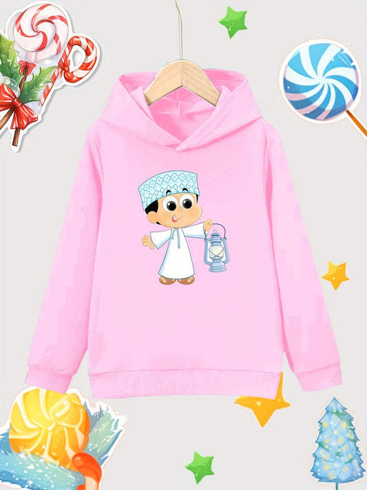 Cartoon Boy Pattern Girl's Cotton Hoodie Active Sweatshirt