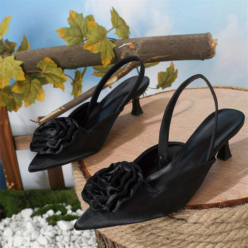 Satin Flower Kitten Heels Pointed Toe Slingback Sandals