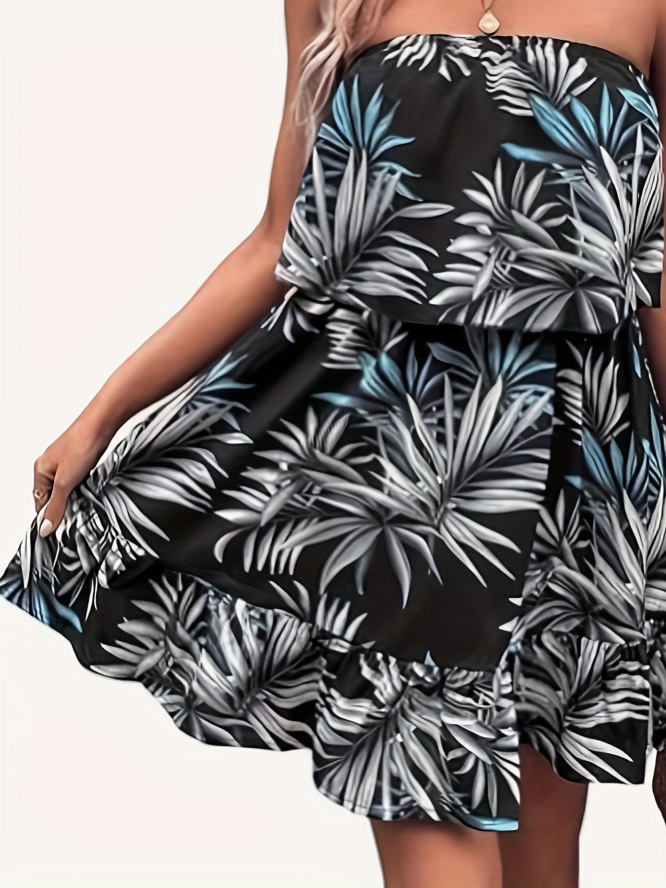  Tropical Print Strapless Ruffle Trim Mini Tube Dress