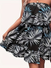  Tropical Print Strapless Ruffle Trim Mini Tube Dress
