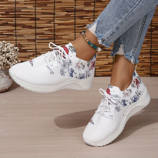 Women's Flower Pattern Platform Sneakers Lace Up Casual Outdoor Shoes