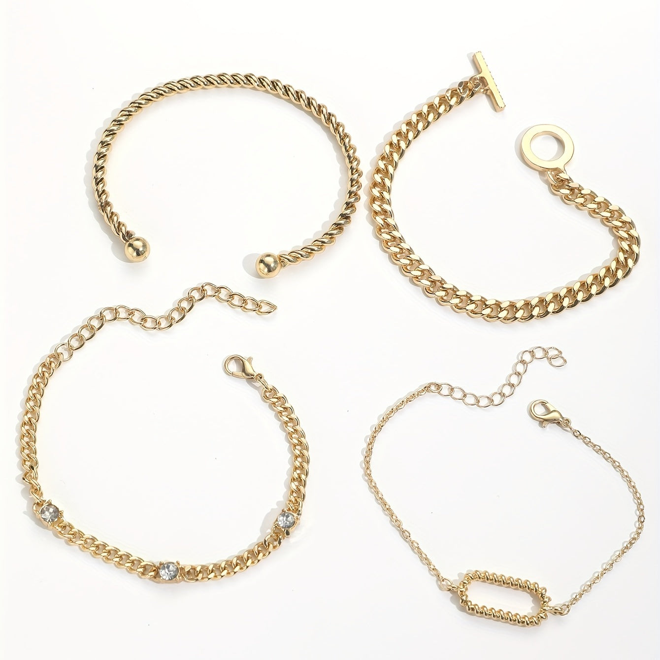 4 Pcs Rhinestone Inlaid O Buckle Chain Bracelet Set