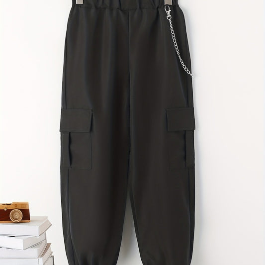 Boys Casual Cargo Pants With Chain Elastic Waist Jogger Pants