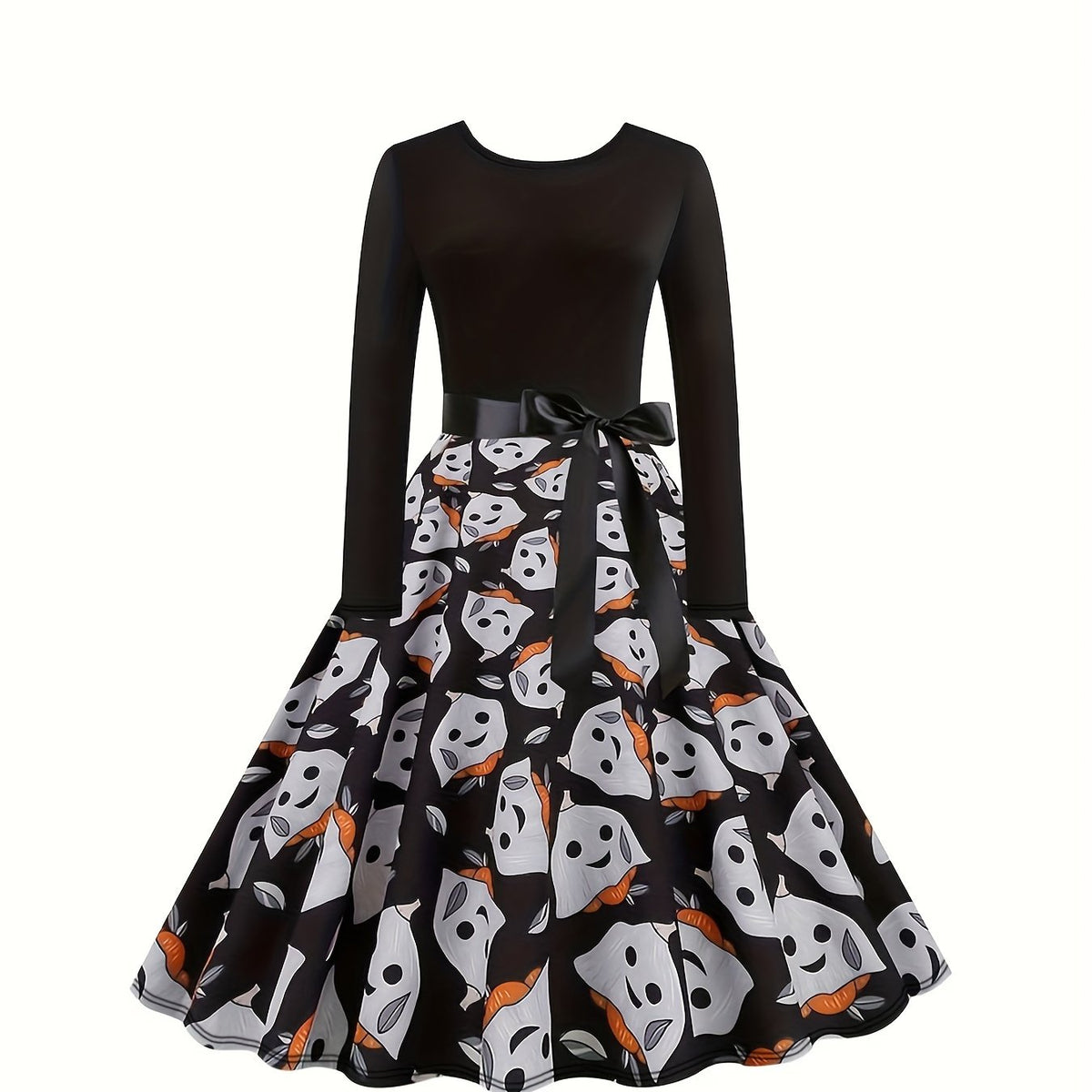  Halloween Gothic Dress Women's Plus Ghost Print Bow Front Swing Dress