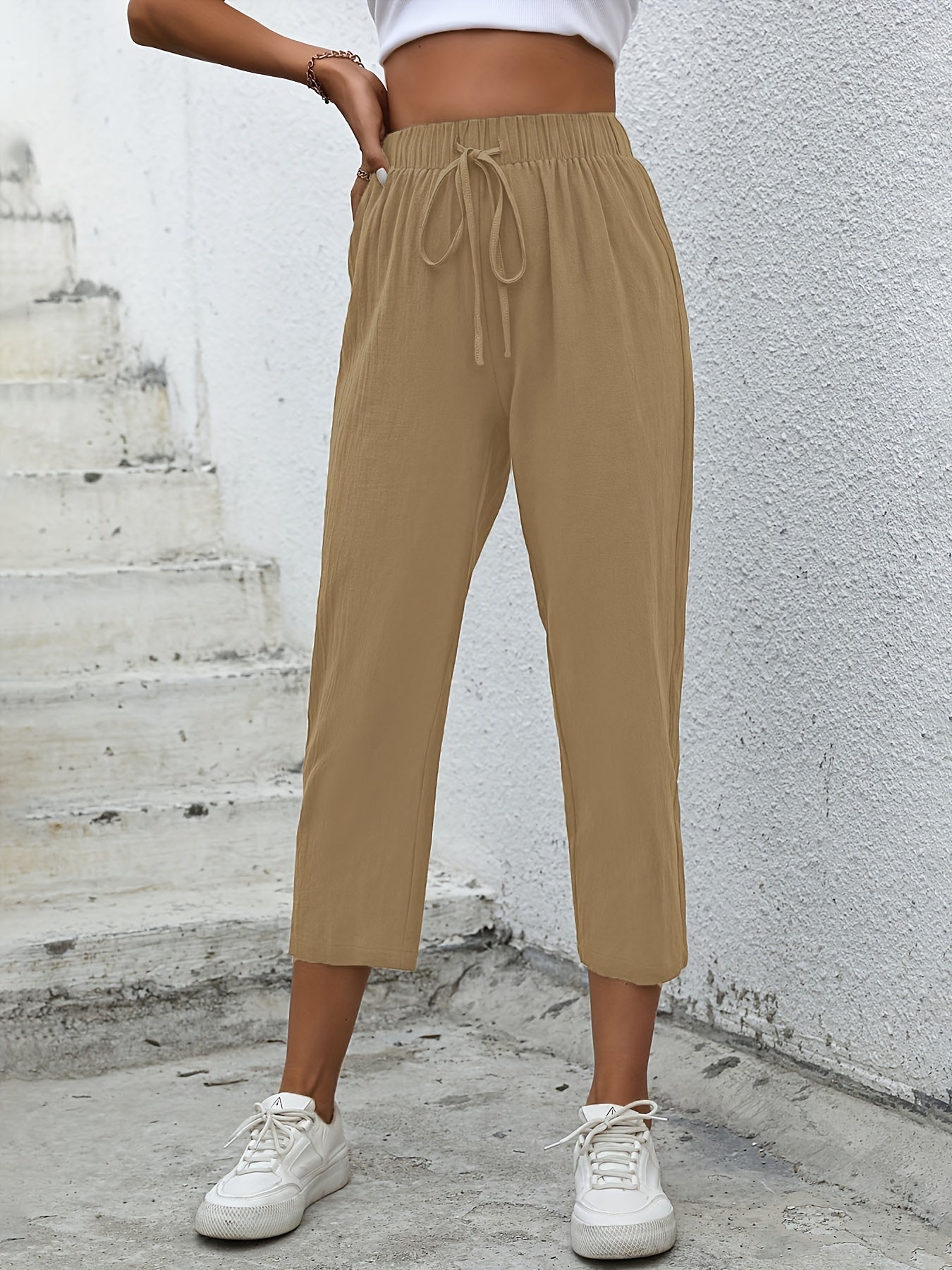 High Waist Drawstring Cropped Pants Women's Clothing