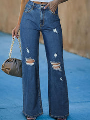  Solid Ripped Wide Leg Jeans