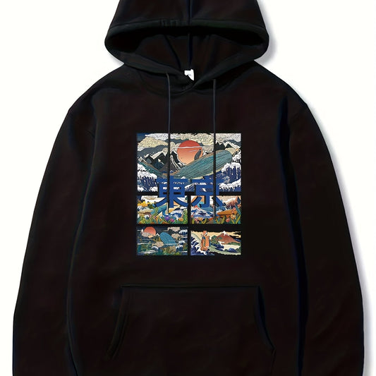 Tokyo Print Hoodies For Men Graphic Sweatshirt With Kangaroo Pocket