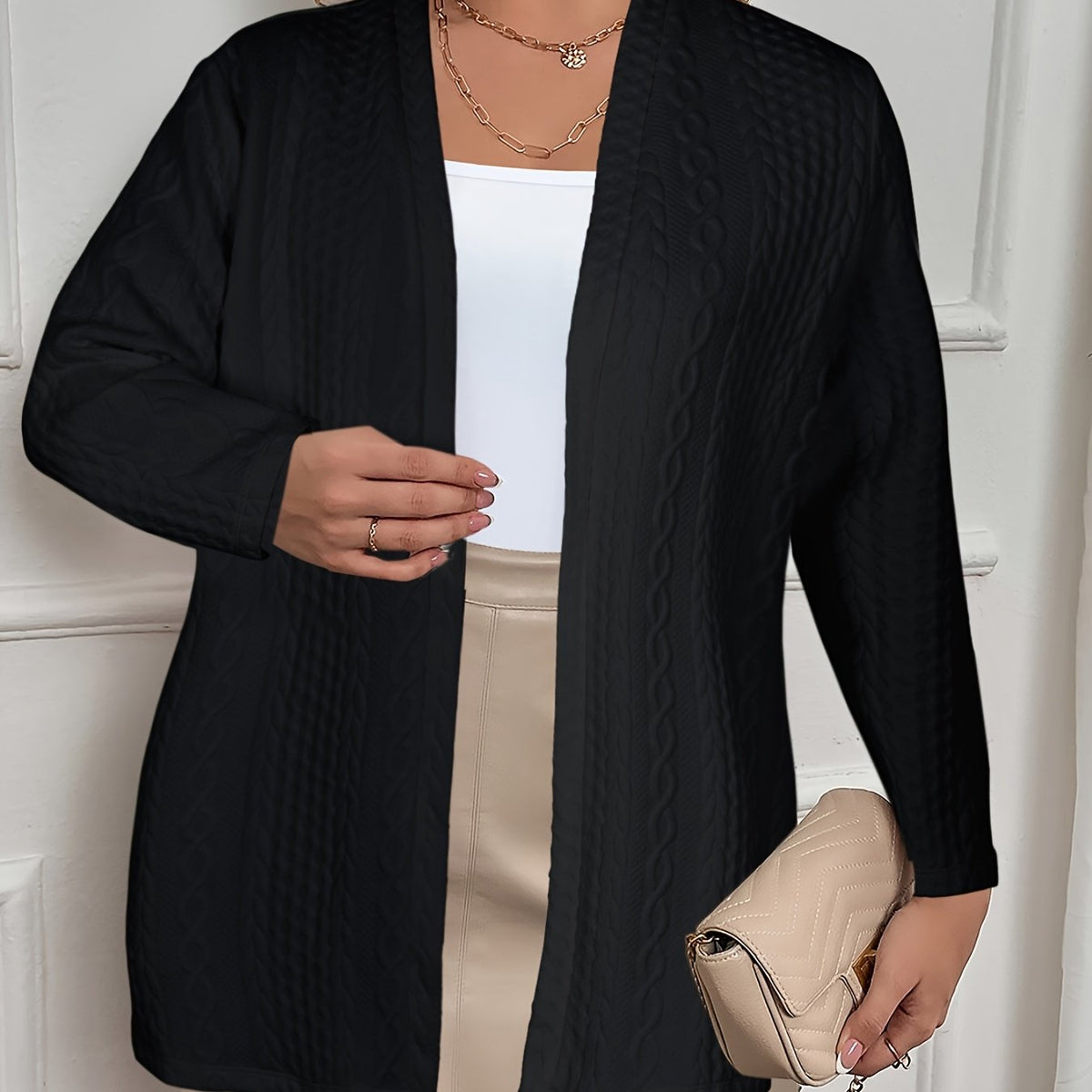  Solid Cable Knit Long Sleeve Open Front Warm Cardigan