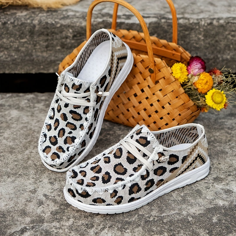 Leopard Printed Canvas Shoes Round Toe Vulcanized Flat Casual Walking Loafers