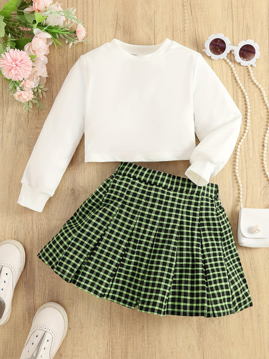 Girl's 2pcs Solid Sweatshirt & Plaid Skirt Set Preppy Style Kids Clothes