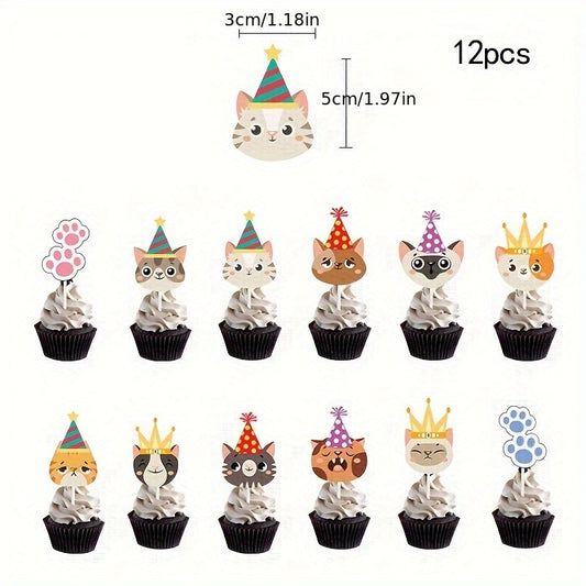 12pcs Cat Theme Birthday Party Cake Plate Set with Cat Face Flag