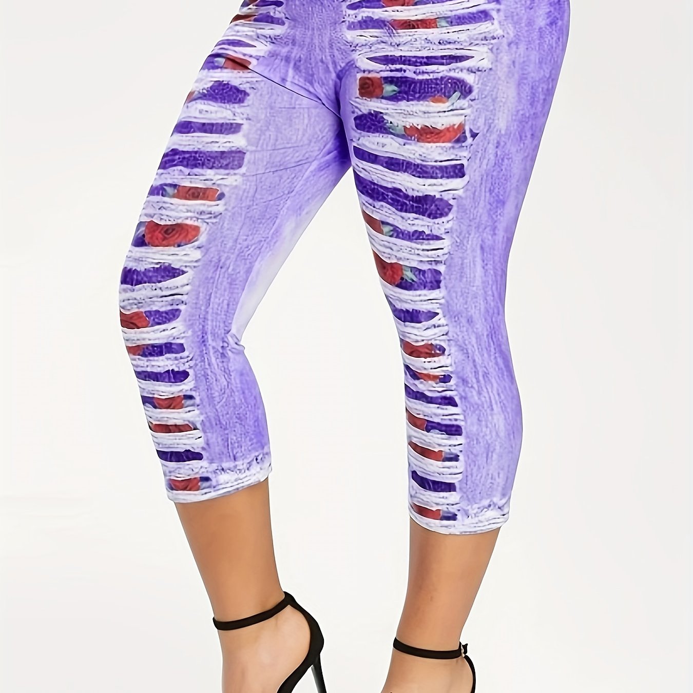 Denim Print Elastic Leggings Casual Skinny Yoga Pants