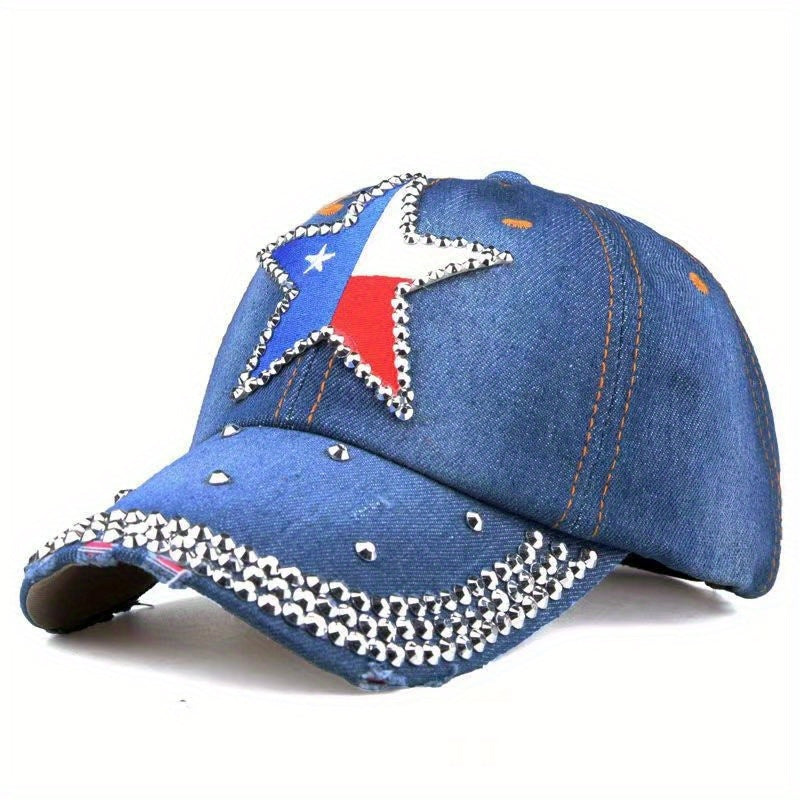Pentagram Patch Denim Baseball Cap Rhinestone Hip Hop Distressed Dad Hat