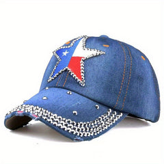 Pentagram Patch Denim Baseball Cap Rhinestone Hip Hop Distressed Dad Hat