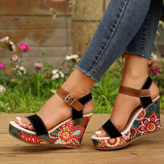 Women's Floral Print Wedge Sandals Colorful Open Toe Buckle Strap Heels