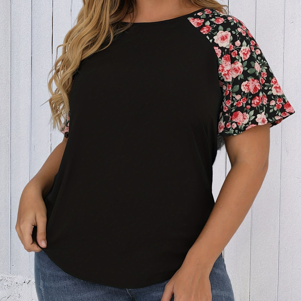  Vacay Blouse Women's Plus Colorblock Floral Short Sleeve T shirt