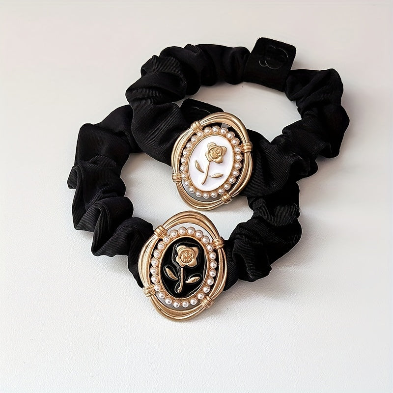 Rose Pattern Faux Pearl Decor Hair Tie Elastic Scrunchie