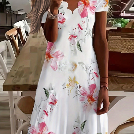 Scallop Trim Floral Print Dress V Neck Short Sleeve Women's Clothing