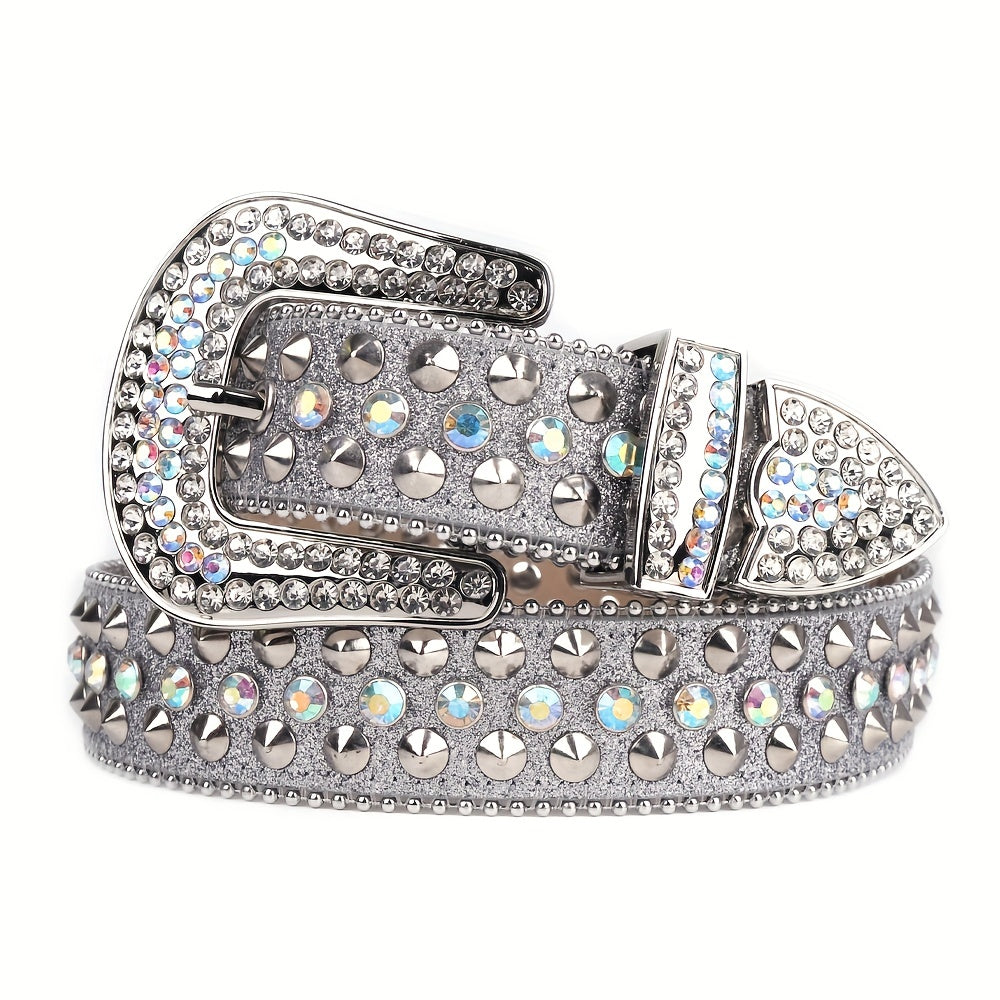 Men's Spike Rhinestone PU Leather Belt Western Cowboy Punk Rivet Studded Belt