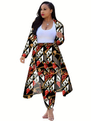 Casual Chain Print Two piece Set Long Sleeve Open Front Coat & High Waist Pants