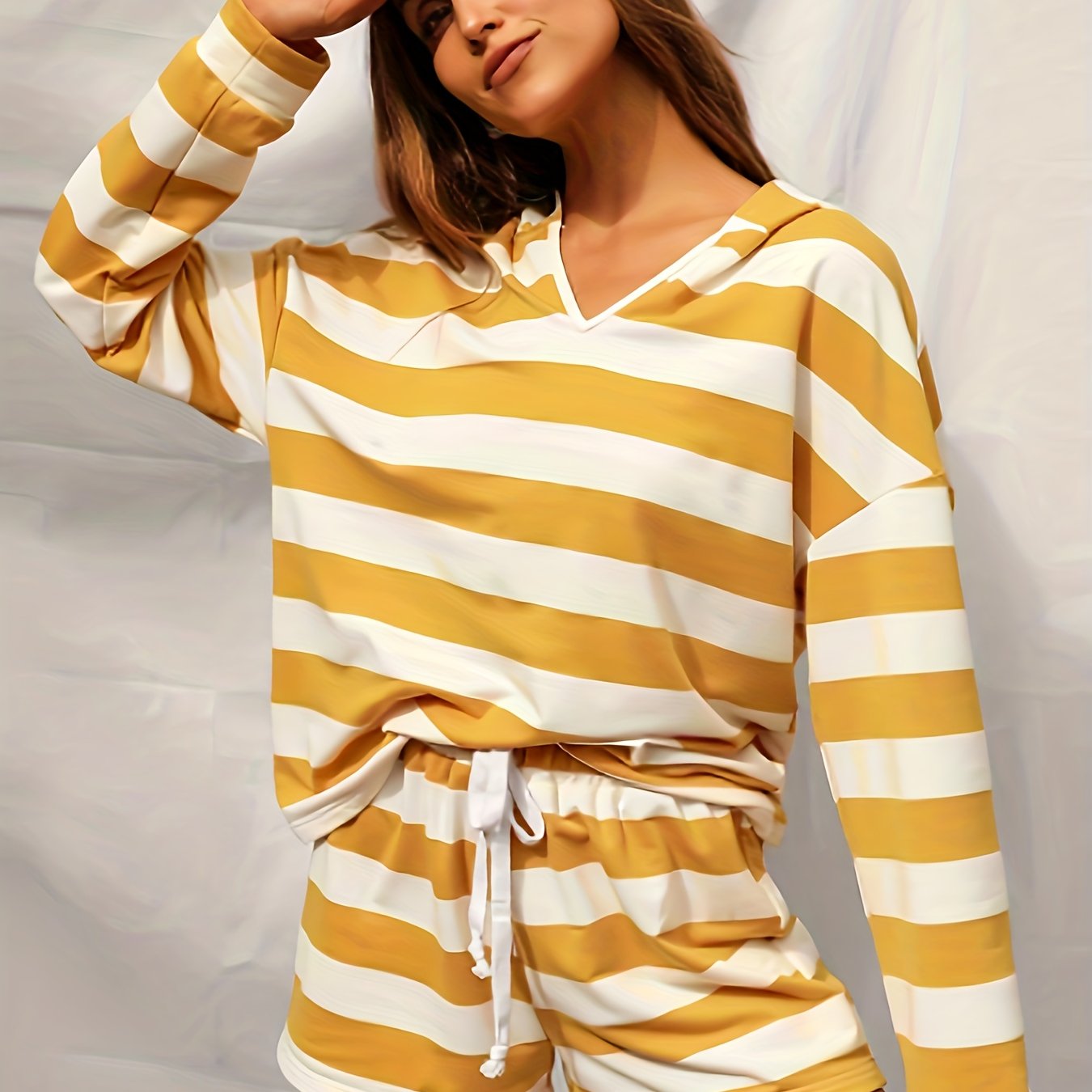 Striped Print Two Piece Set Long Sleeve V Neck Hooded Tops & Drawstring Shorts