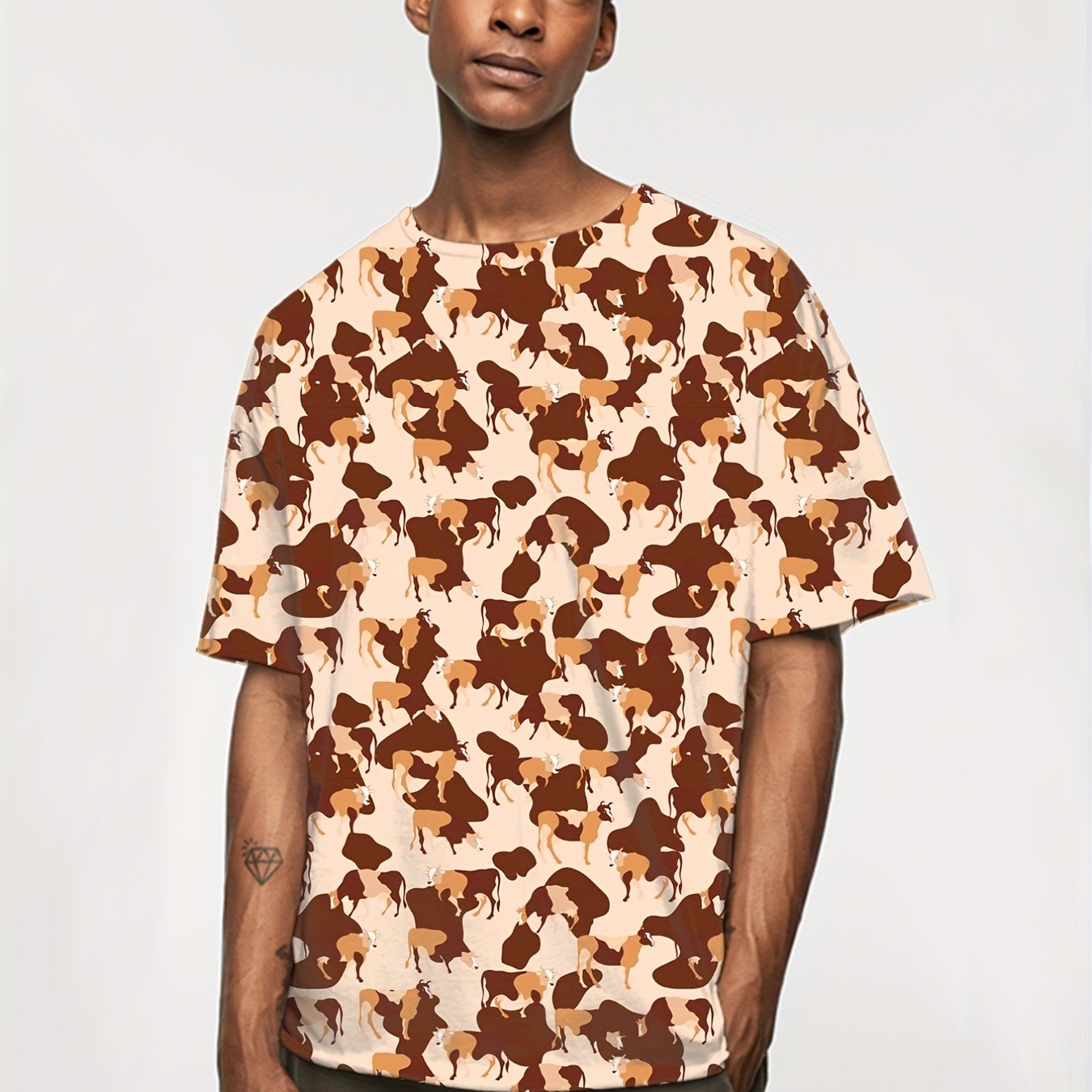 Men's Cattle Print Crew Neck T-Shirt - Summer Short Sleeve Tee