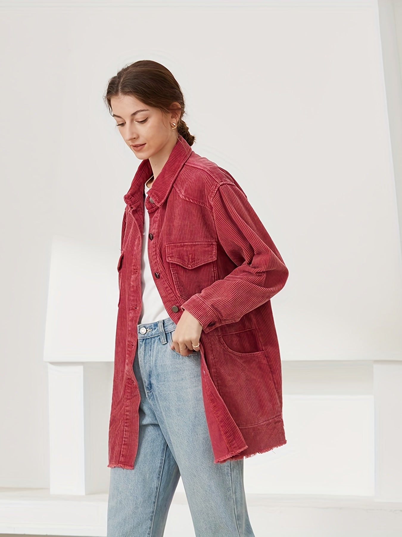 Vintage Solid Button Front Jacket Women's Outerwear