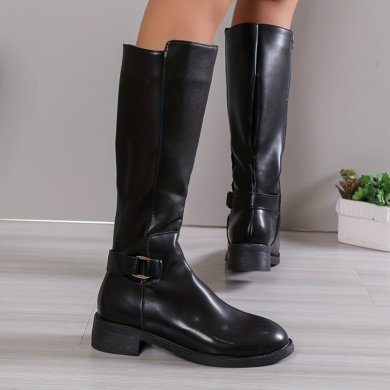 Women's Knee High Side Zipper Chunky Heeled Boots