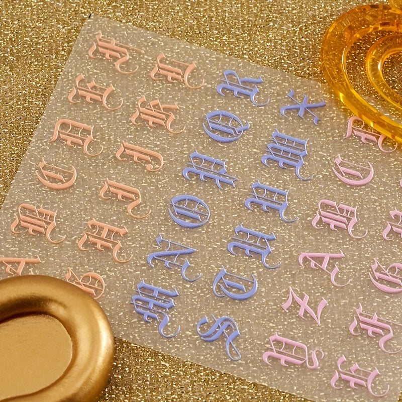 4pcs 5D Embossed English Letter Nail Art Stickers Self Adhesive Nail Decals F