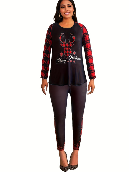  Plaid Deer & Letter Print Tee & Leggings Set