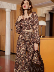 2pc Wide Leg Pants Set Square Neck T Shirt & High Waist Wide Leg Pants