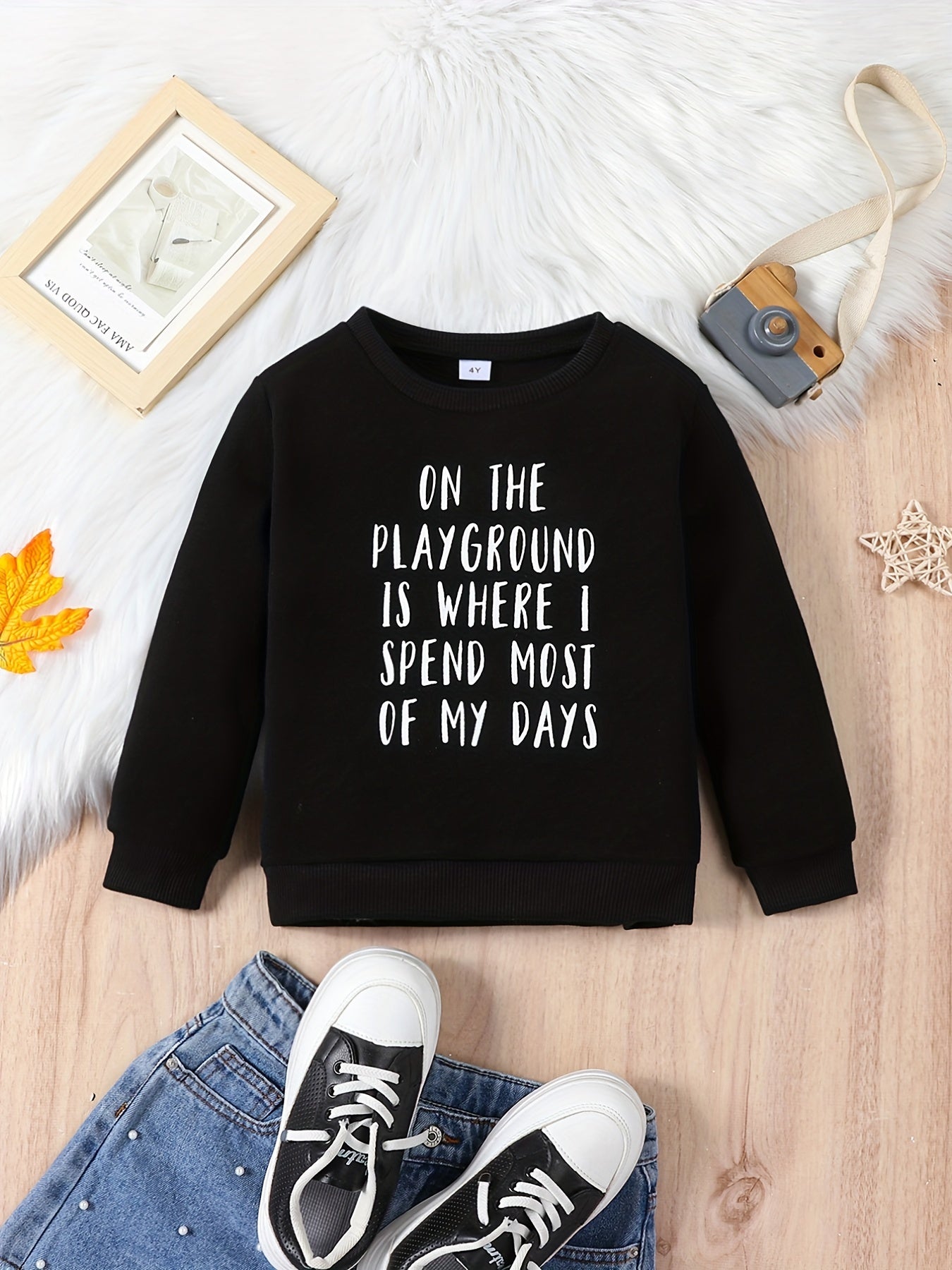 Kid's Letter Print Sweatshirt Thermal Pullover Crew Neck Top
