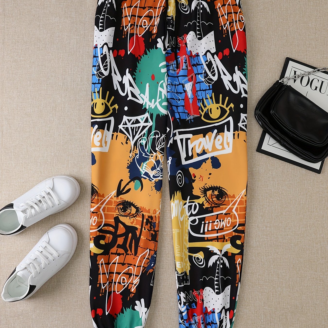  Pop Art Print Joggers Elastic Waist Medium Stretch
