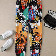  Pop Art Print Joggers Elastic Waist Medium Stretch