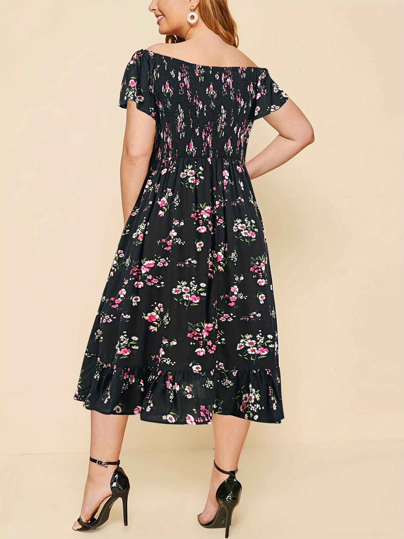 Floral Print Off Shoulder Ruffle Trim Midi Dress Plus Size