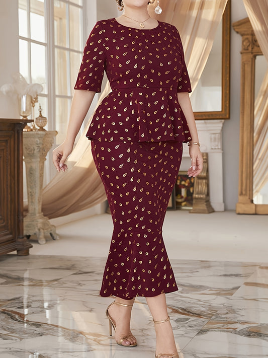  Women's Golden Dot Print Ruffle Trim Mermaid Dress