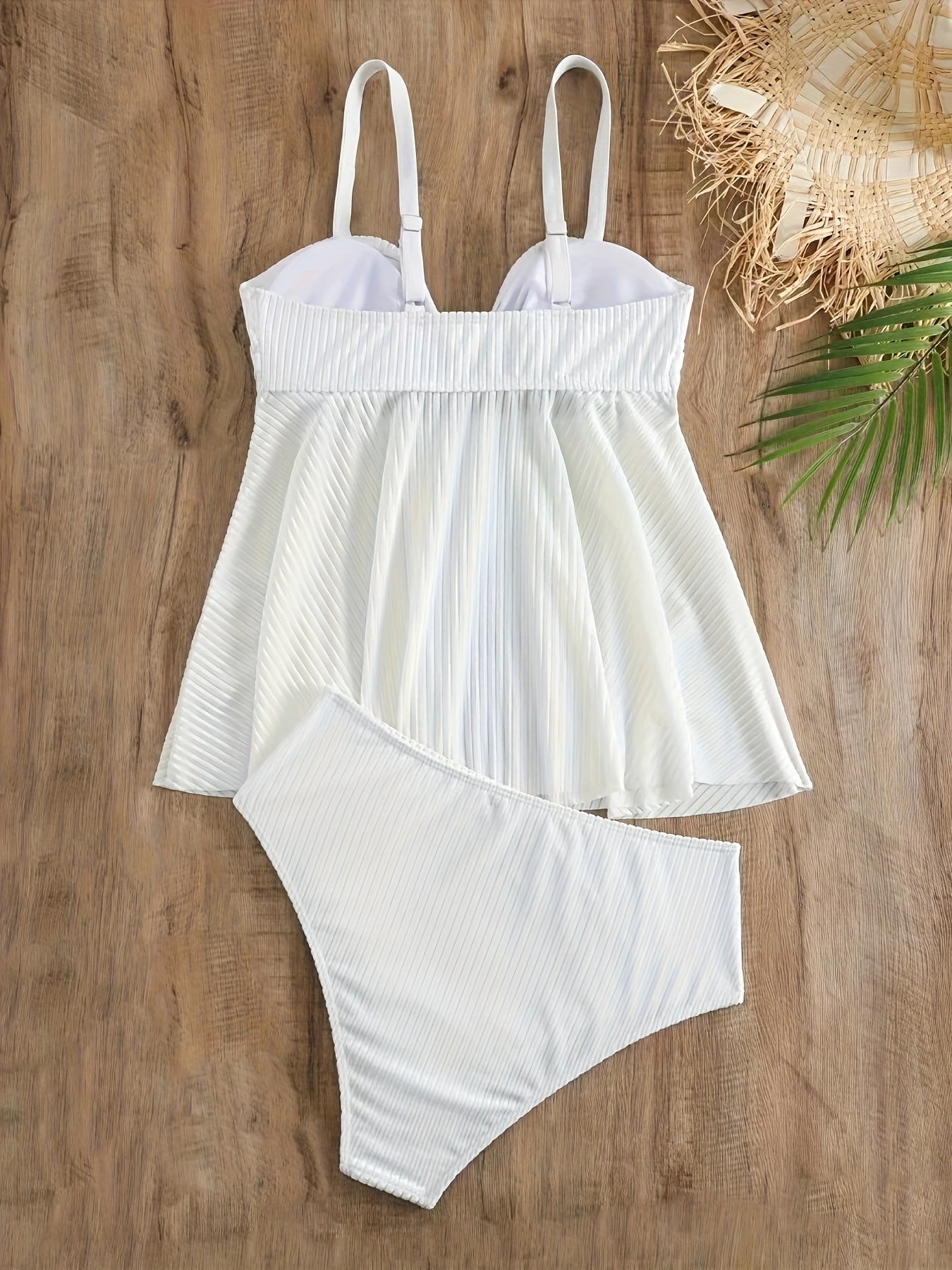  Ribbed Knit Tankini Set Solid Cut Out Cami Top & Panty Swimsuit