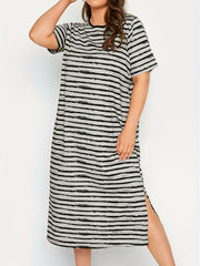  Stripe Print Short Sleeve Maxi Dress