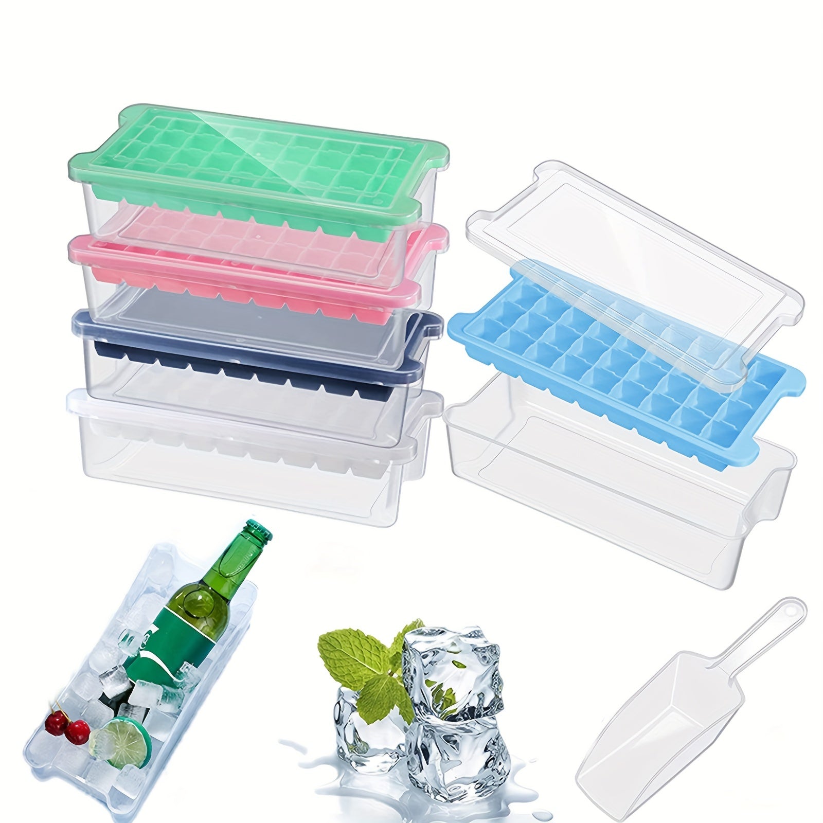 Ice Cube Mold Freezer Ice Tray with Scoop & Box for Cocktails Whiskey
