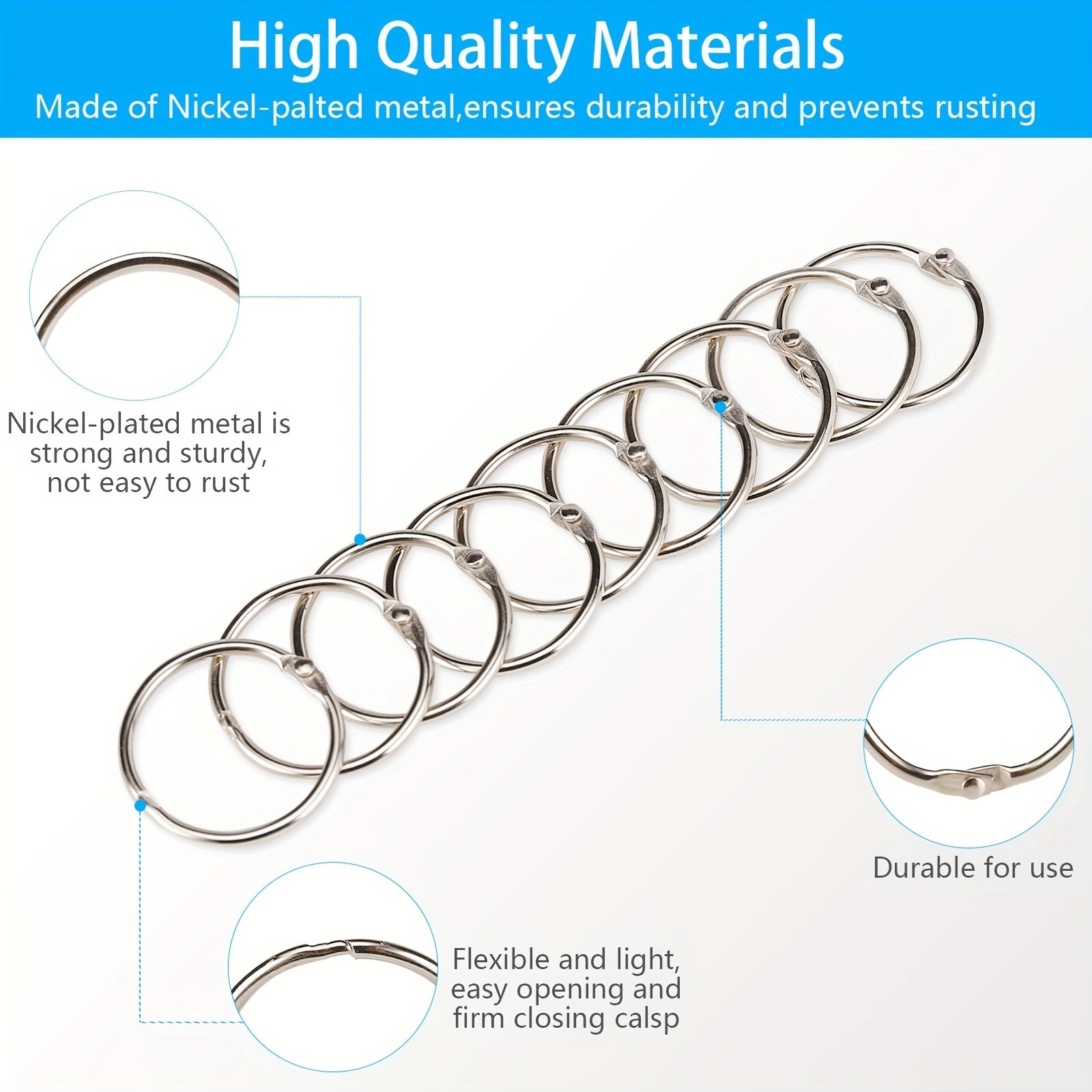 50 Packs 2.54 cm Nickel Plated Steel Binder Rings for School, Home