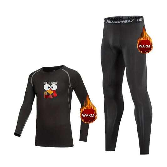 Kids Fleece Lined Base Layer Set Turkey Print Long Sleeve Top & Leggings