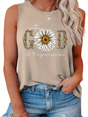  Leopard Slogan & Floral Print Tank Top