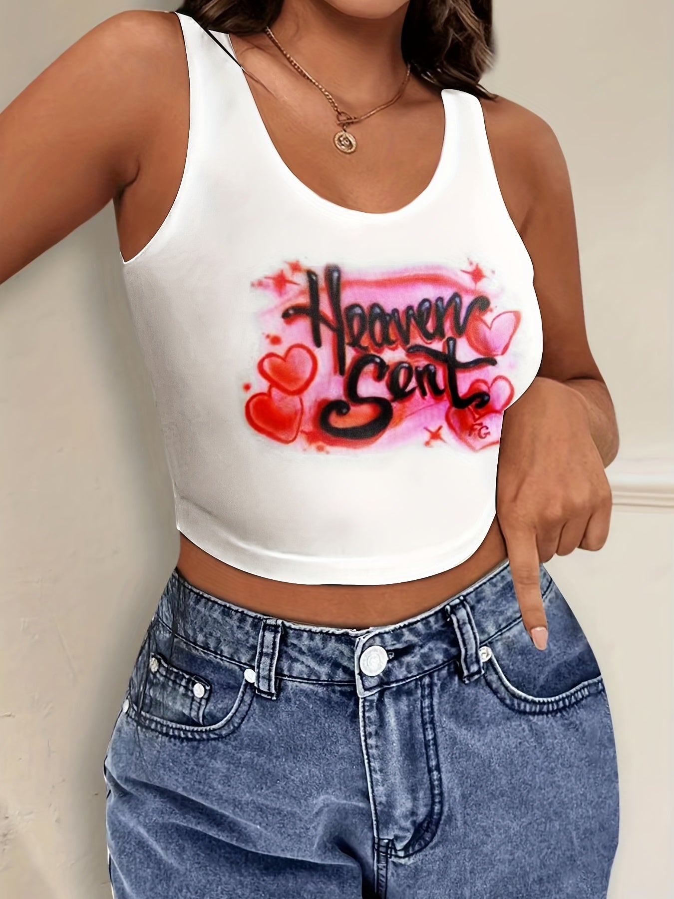 Letter & Heart Print Crop Tank Top Y2K Sleeveless Tank Top For Summer