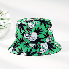 Skull Leaf Print Reversible Bucket Hat Lightweight Unisex Fisherman Cap