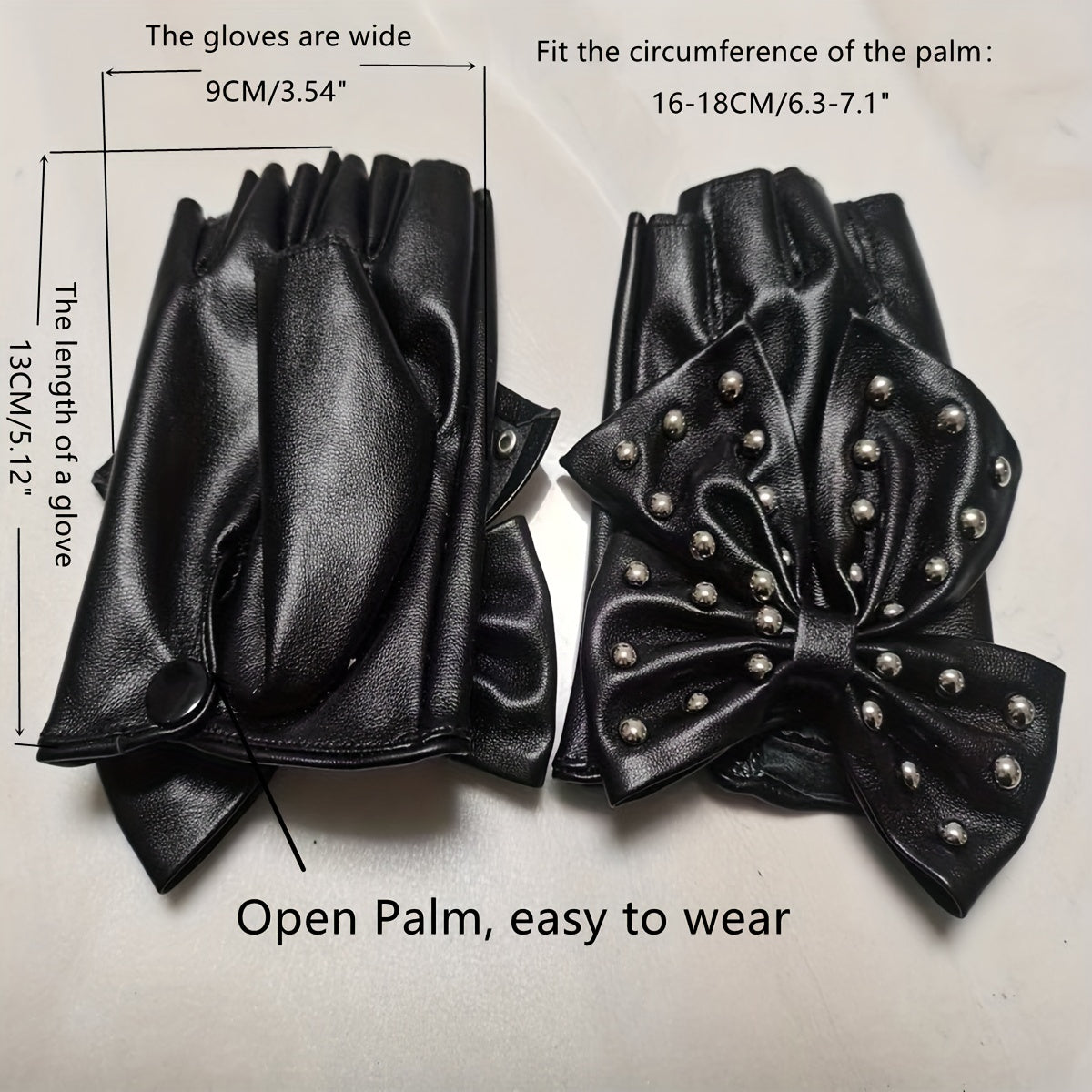 Rivet Bow PU Leather Gloves Punk Dance Performance Half Finger Gloves